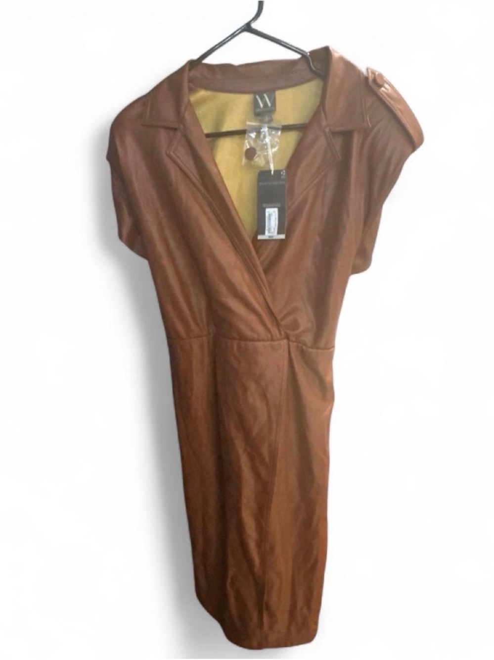 W by Worth Tan Brown Faux-Leather Midi Wrap Dress